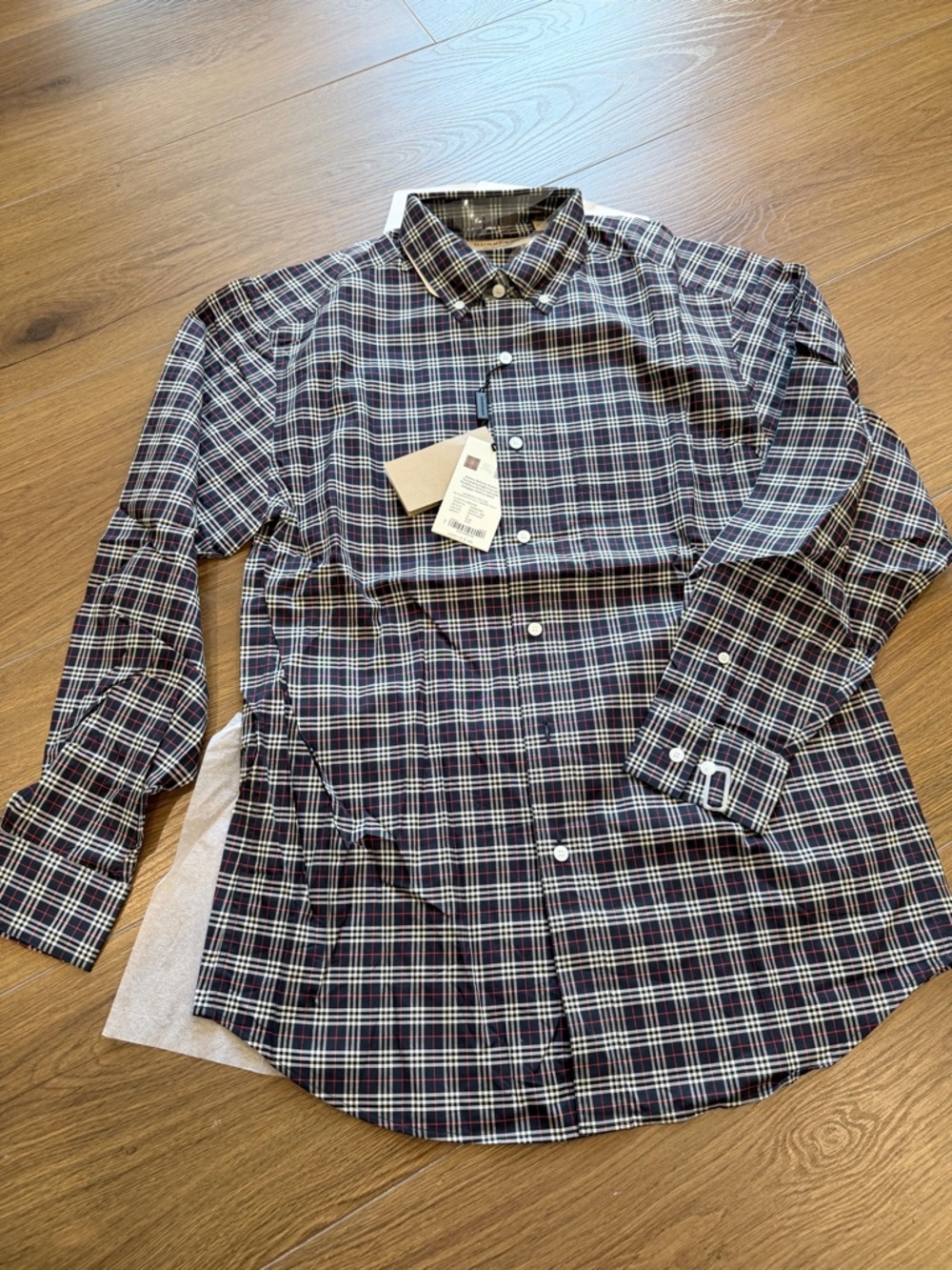 Burberry Men's Jameson Navy Blue Plaid Cotton Button Down Shirt M